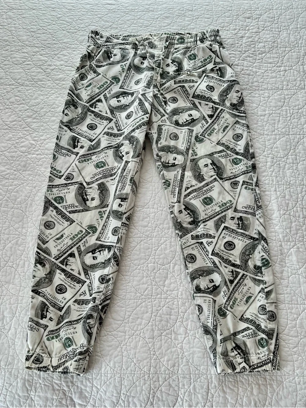 American Bazi Money-Print Joggers - White/Black/Green Streetwear Fun Bold $$$
